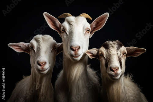 Three goats on a dark background. Generative AI