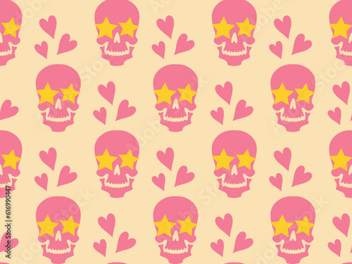 Fun colorful backdrop with pink human skulls, stars, and hearts. Cute lovely seamless vector pattern. Funky design for parties. 