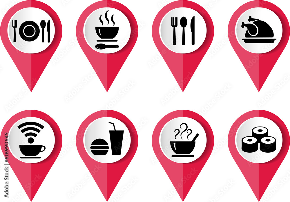 Food icon set, flat design pointers, infographic template. Food icon set, flat design pointers, infographic template.