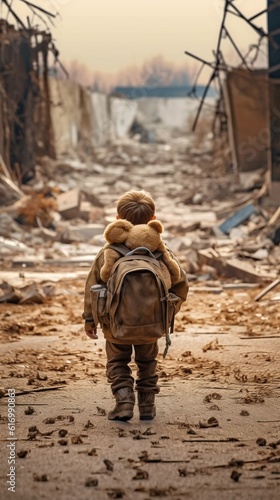Generative AI. A child walks along a ruined road