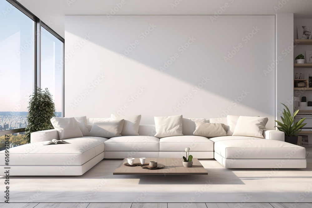 White minimalist living room interior with sofa on a wooden floor ...