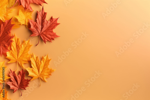 Autumn leaves on an orange background. Background with copy space. AI generative.