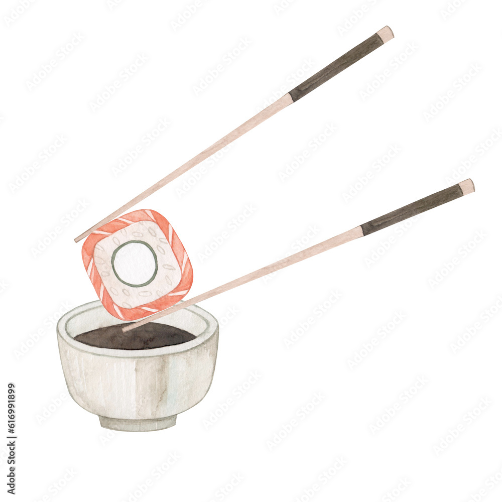 Fototapeta premium Watercolor illustration of chopsticks holding a Philadelphia roll and dipping in soy sauce. Rice with red fish. Japanese snacks. Hand drawn.