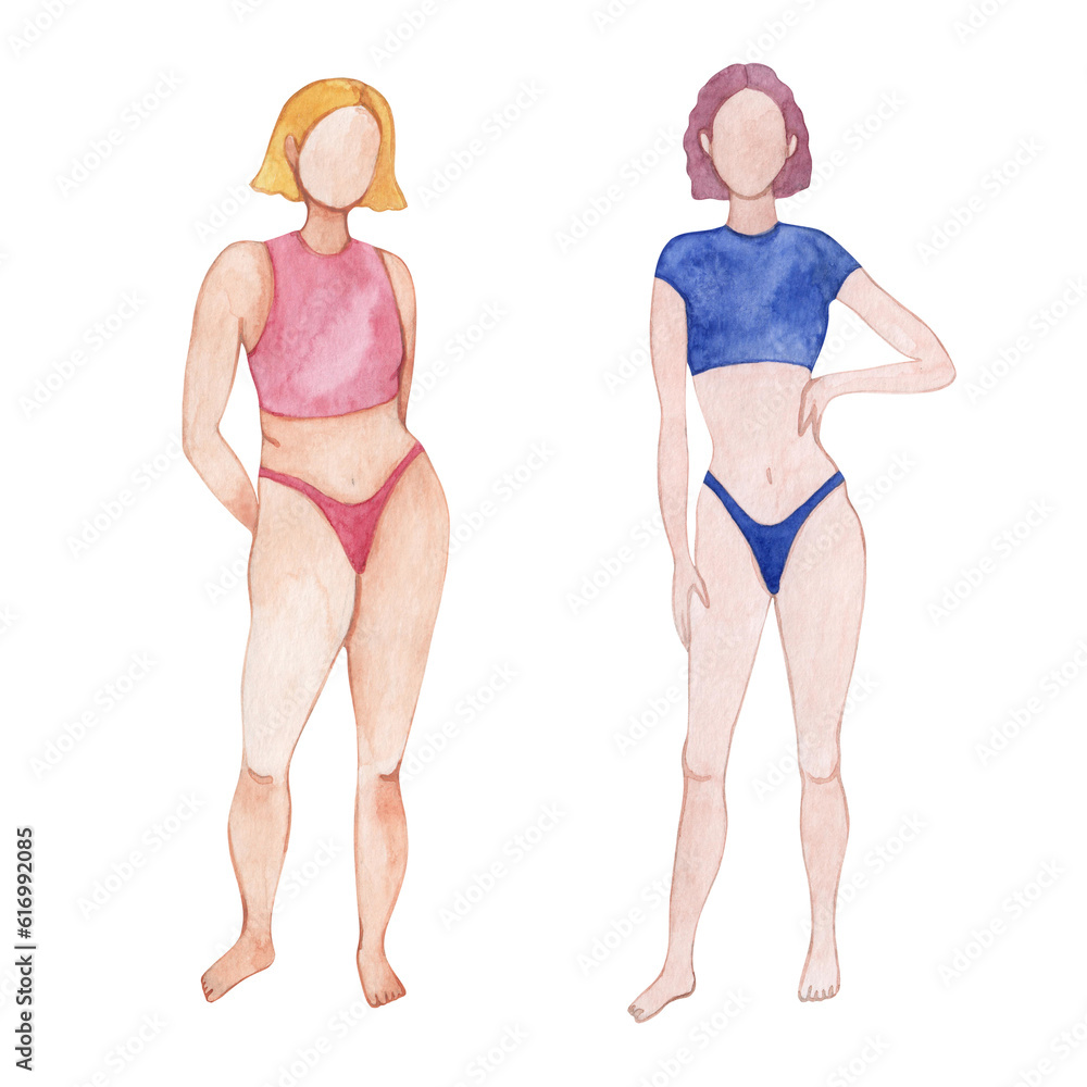 Hand drawn watercolor illustration of two girls. Light-skinned blonde. Woman with pink hair. Hand drawn watercolor illustration of two girls. Light-skinned blonde. Woman with pink hair.