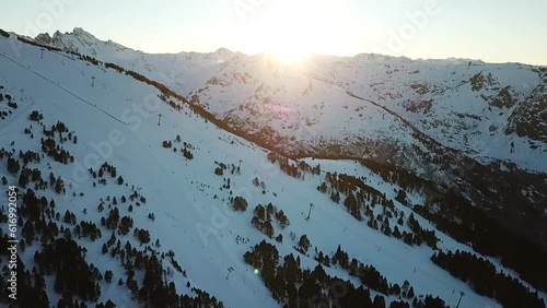 Sunset on french pyrenees filmed with a drone, Bonascre  photo