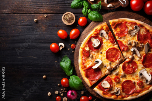 food background cheese food fast copy meal italian pizza space tomato black tasty. Generative AI.