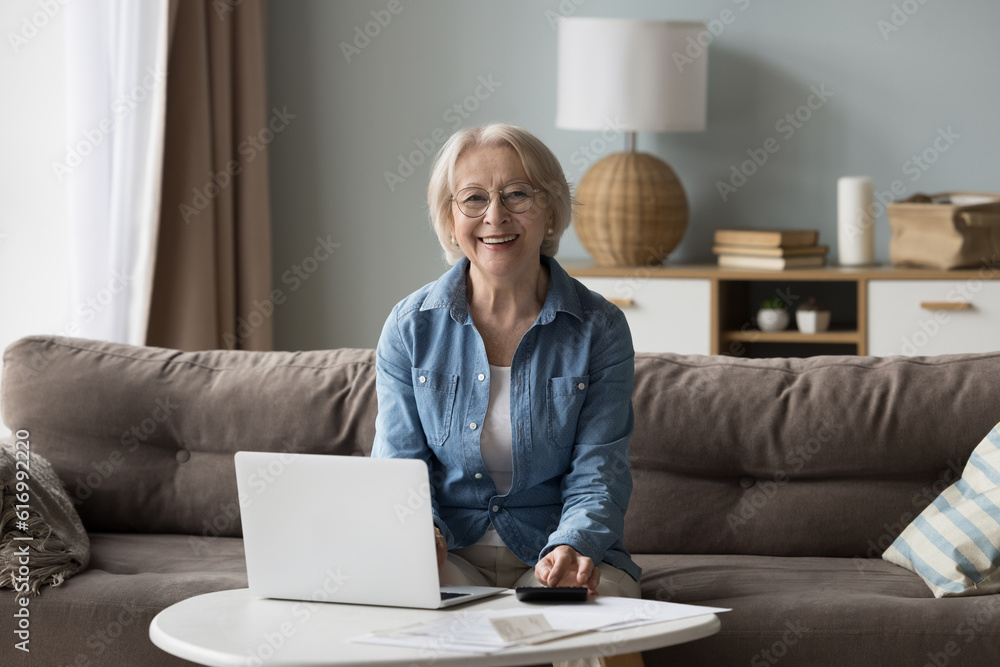 Portrait of happy senior elderly retired woman sit on couch with laptop, calculating household expenditures, planning family budget or investment, check savings, paying for medical insurance on-line Portrait of happy senior elderly retired woman sit on couch with laptop, calculating household expenditures, planning family budget or investment, check savings, paying for medical insurance on-line