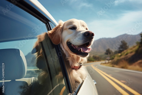 Dog in the car window on the go. Generative AI