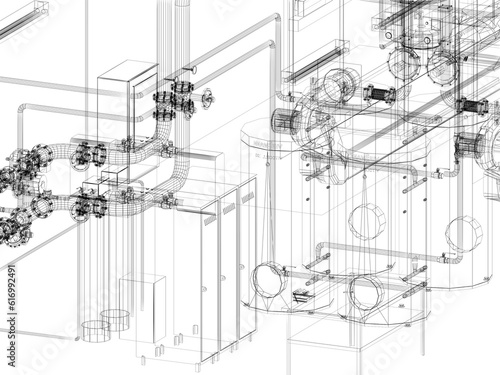 industrial equipment with piping in the factory. 3d rendering wire frame