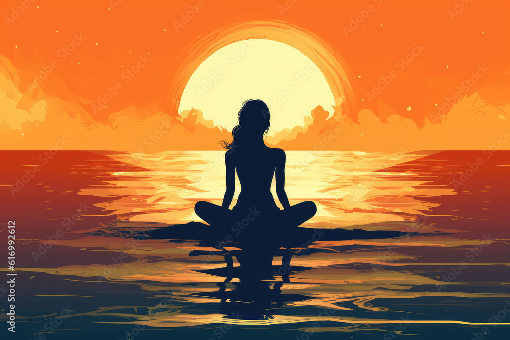 young woman silhouette in yoga lotus pose on the water seascape illustration Generative AI