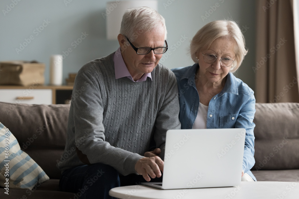 Mature couple learn app, decide purchase through on-line web store look at laptop, reading received e-mail from bank, spend time on internet seated on sofa at home. Baby-boomer spouses and modern tech
