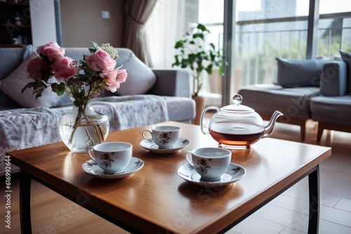 Tea set in living room,Generative AI
