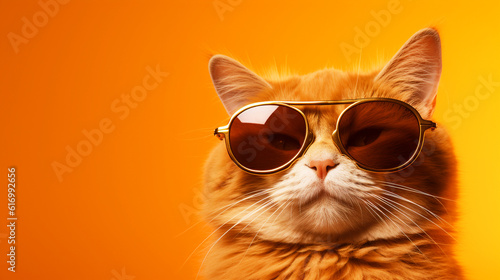 A cat wearing sunglasses. Front view. Orange gradient background. Close up shot. Generative AI image.