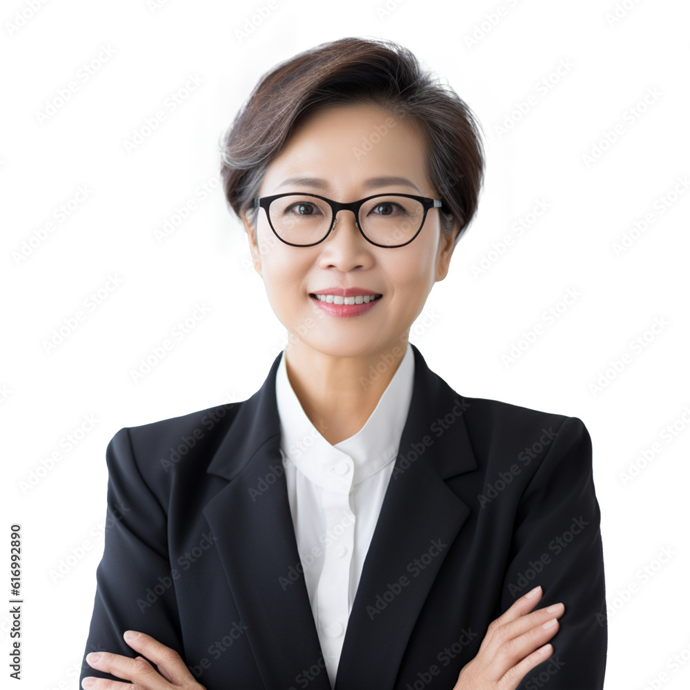 Portrait of a businesswoman wearing jacket and glasses, smiling and happy. Png element isolated on transparent background. Generative Ai.