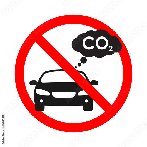 Banner prohibition car exhaust. No allowed car emission pollution graphic sign isolated on white background. Graphic symbol  ban car exhaust CO2. Vector illustration