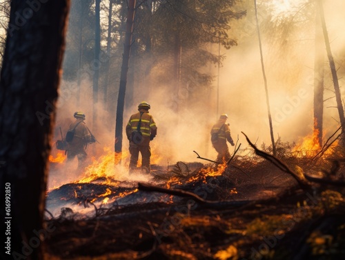 Firefighters spray water to wildfire in the forest