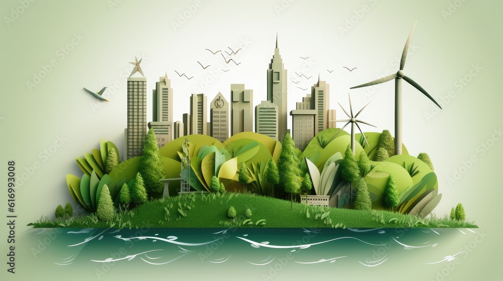 Ecology and environment conservation creative idea concept design.Green eco urban city and nature landscape background paper art style.