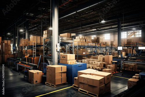 Large warehouse of boxes. Generative AI © Artsiom P