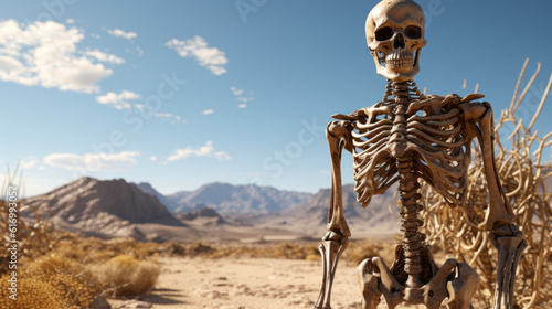 Human skeleton in middle of desert landscape