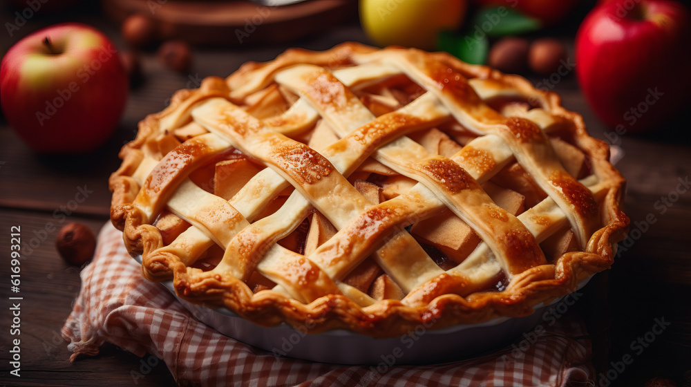 Top view of a tasty apple pie on a vintage kitchen background with apples