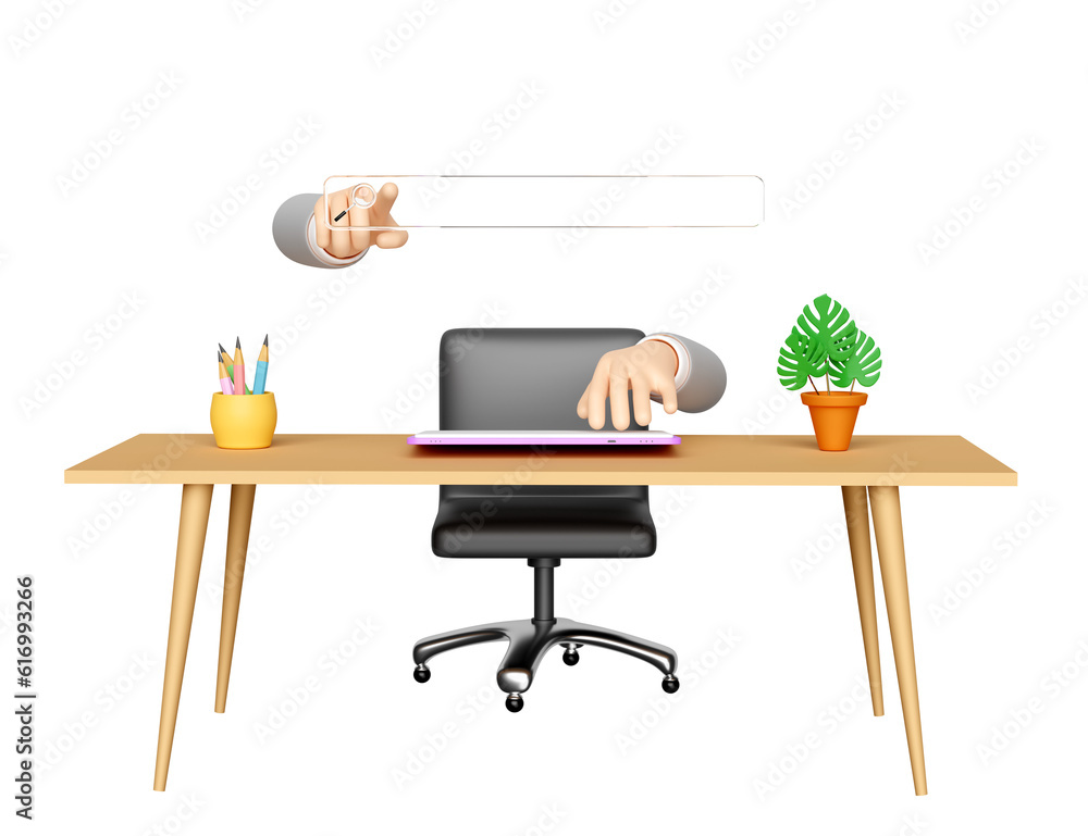 Fototapeta premium 3d search bar with businessman hand pointing finger, magnifying glass, office room isolated. web search engine, web browsing concept, 3d render illustration