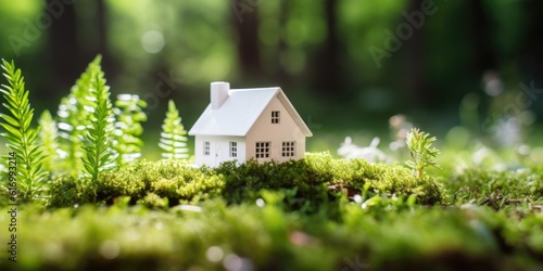 Eco friendly house. White home on moss in garden. Real estate investment and housing architecture and nature background.