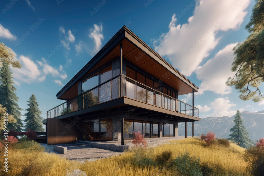 Generative AI illustration of reclaimed wood house in a mountain or a hill with sunset light Generative AI illustration of reclaimed wood house in a mountain or a hill with sunset light