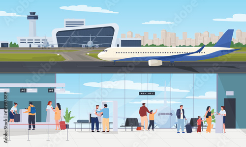 International and regional airport. Runway with an airplane and a control tower. People in the terminal are checking in to board the plane. Vector illustration