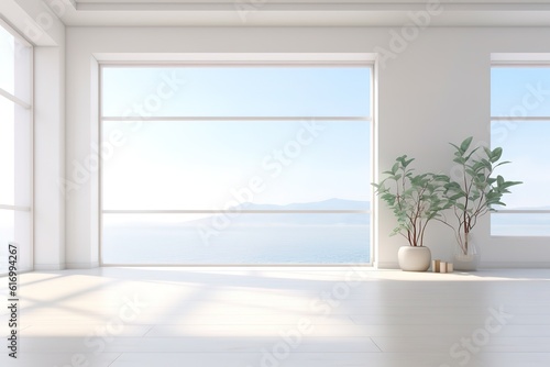 Plant against a white wall mockup. White wall mockup with brown curtain  plant and wood floor. 3D illustration Generative AI