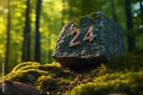 3D 2024 new year celebration design 24 written on the rock in the forest created with generative ai photo