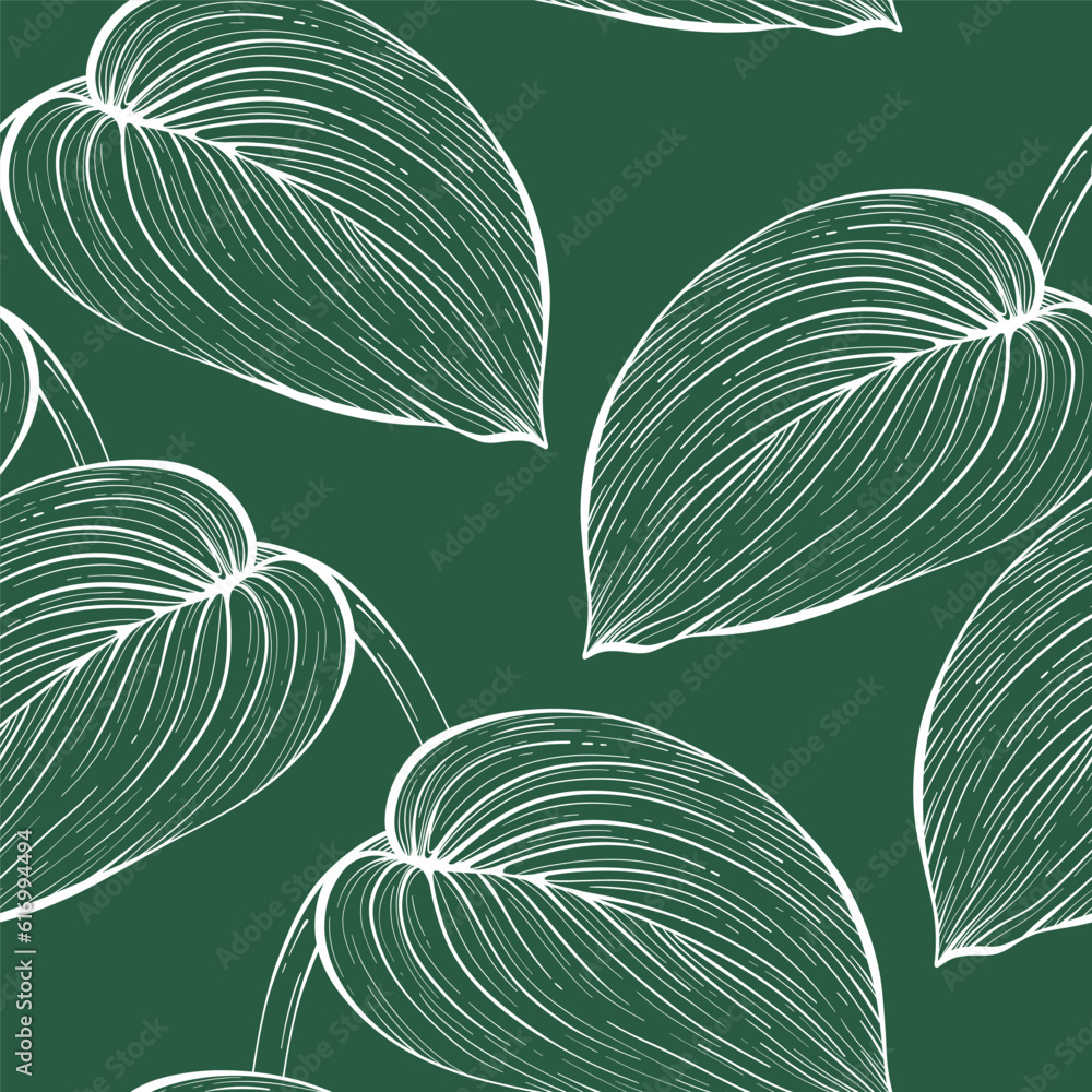Vector seamless pattern of many big hand drawn tropical plant leaves on ...