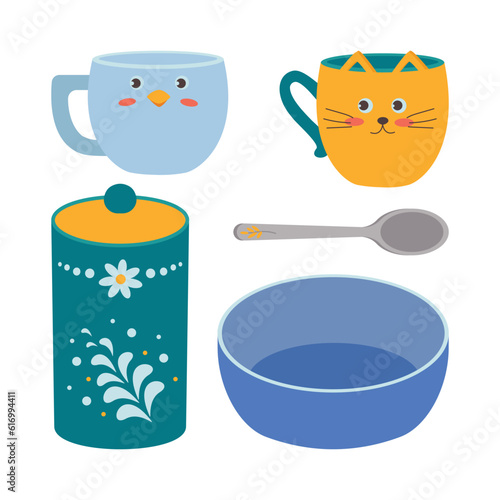 A set of kitchen utensils, a spoon, a mug, a sugar jar, a plate, a bowl.