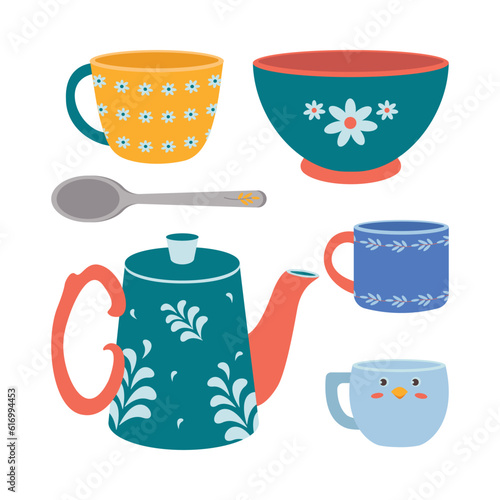 A set of kitchen utensils, a spoon, a kettle, a mug, a plate, a bowl.