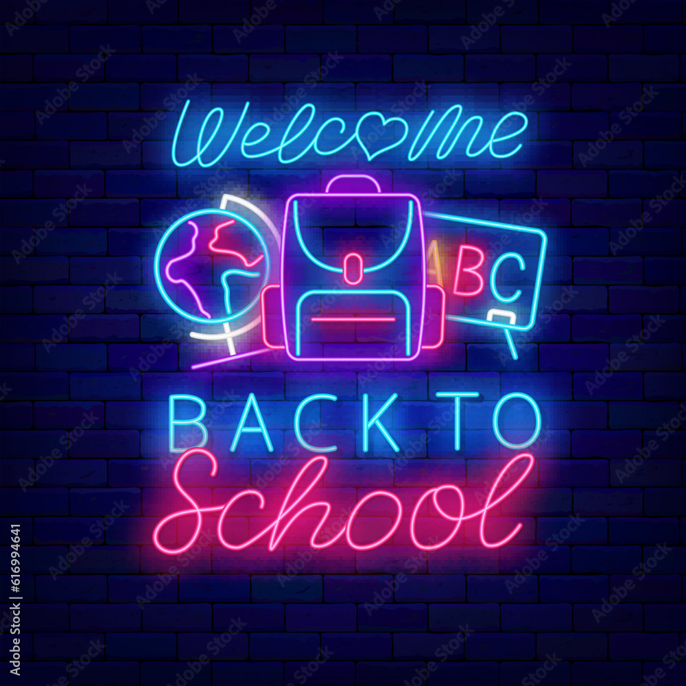 Welcome back to school neon label. Gowing lettering. Light advertising. Shiny sign on brick wall. Vector illustration Welcome back to school neon label. Gowing lettering. Light advertising. Shiny sign on brick wall. Vector illustration