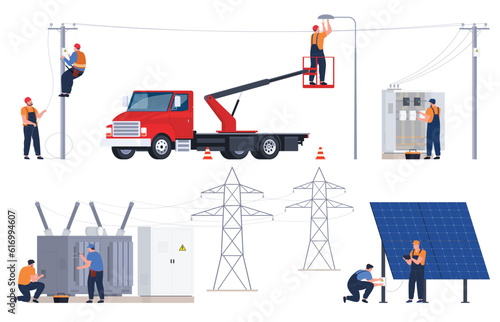 Energy. Repair and maintenance of power lines. Electricians work with electrical objects. Vector illustration
