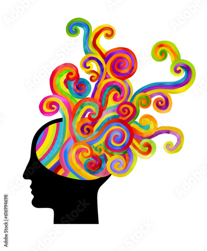 Thoughts and options, business thinking - poster template, page, booklet. vector illustration of a head with colored curls on a white background.