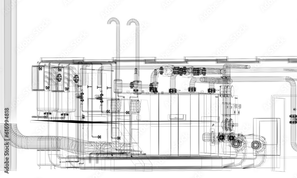 Obraz premium industrial equipment with piping in the factory. 3d rendering wire frame