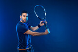 Tennis player banner with blue neon lights. Tennis template for bookmaker design ads with copy space. Mockup for betting advertisement. Sports betting on tenis