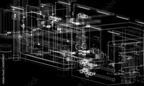 industrial equipment with piping in the factory. 3d rendering wire frame