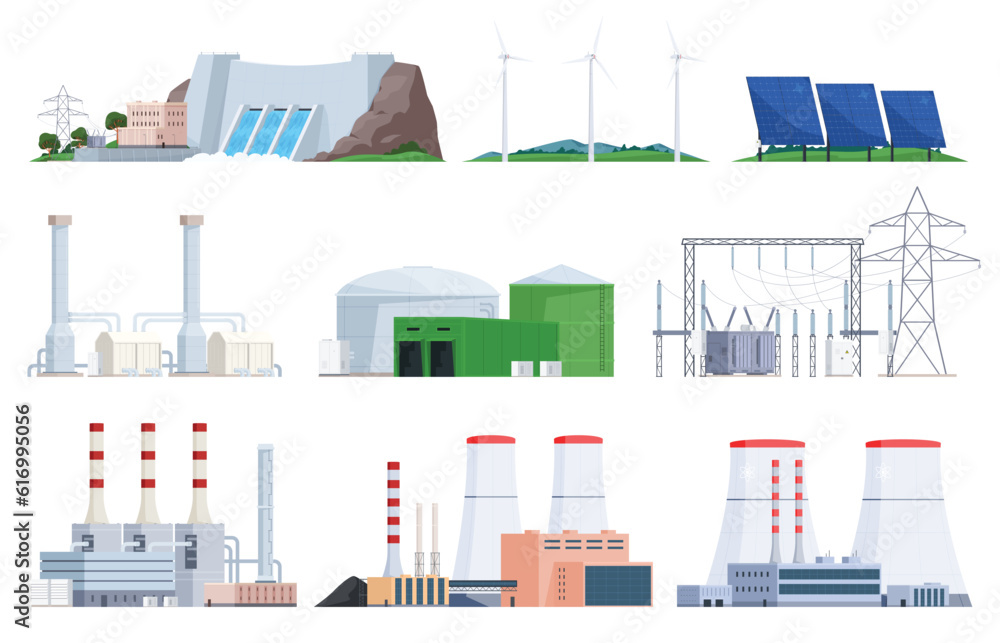 Atomic, coal and environmentally friendly types of power plants
