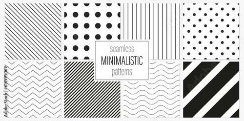 Collection of geometric black and white seamless minimalistic patterns. Simple dotted and striped outline textures. Monochrome repeatable backgrounds. Endless textile unusual prints