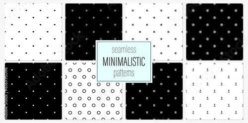 Collection of geometric black and white seamless minimalistic patterns. Simple textile textures. Monochrome repeatable backgrounds with shapes and symbols. Endless unusual prints