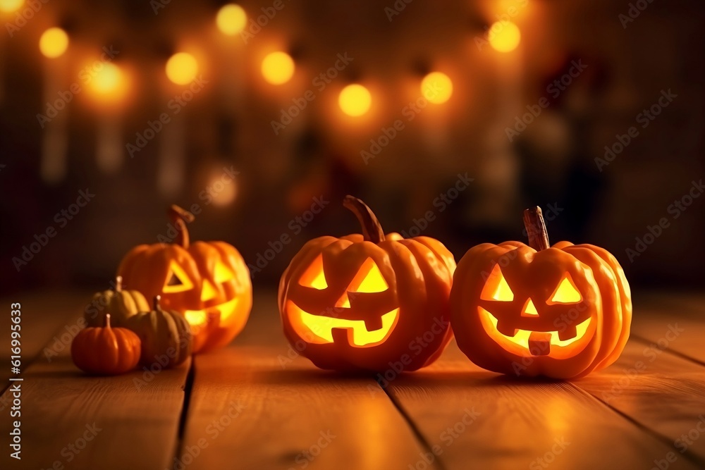 Fototapeta premium Mini Jack O’ Lanterns on the wooden surface. Halloween pumpkins. All Hallows' Eve celebration. Generative AI.