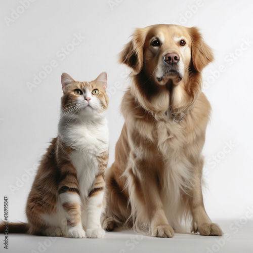 dog and cat sit peacefully next to each other, AI generated