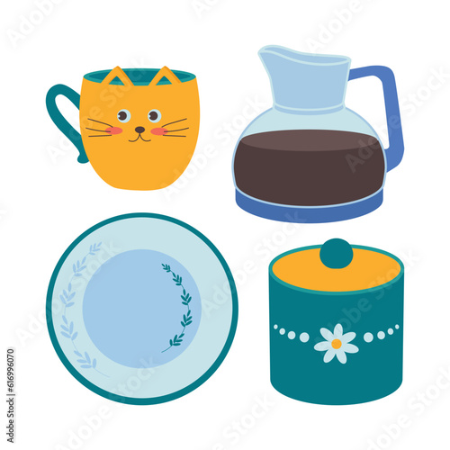 A set of kitchen utensils, a kettle, a coffee maker, a mug, a sugar jar, a plate, a bowl.