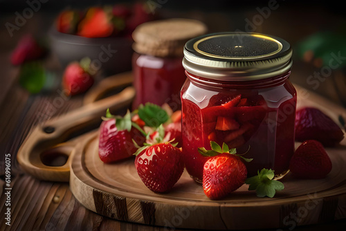 Strawberry jam in the glass jar with berries Generative Ai.