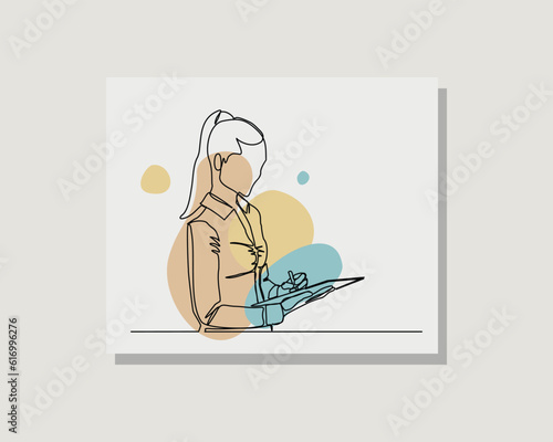 Continuous single one line art drawing of business woman write list notes paper in boho bohemian style design vector illustration