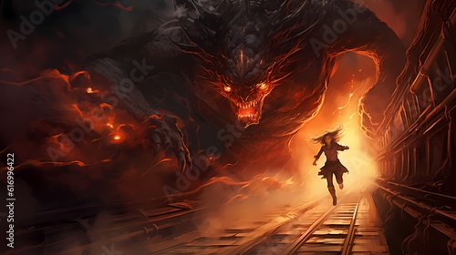 girl chased by a fire demon