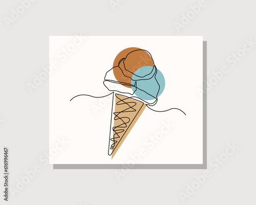 Continuous single one line drawing art of delicious ice cream waffle cone in boho bohemian style design vector illustration