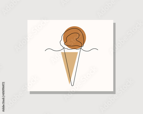 Continuous single one line drawing art of delicious ice cream waffle cone in boho bohemian style design vector illustration